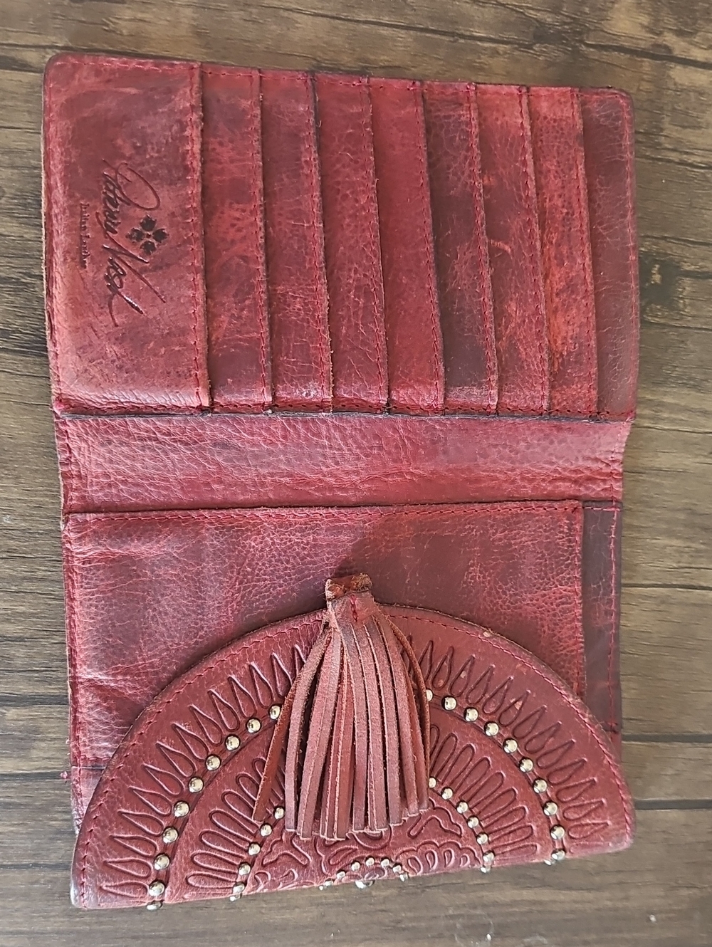 Patricia Nash Red Leather Tassel Card Wallet with Stud Detailing